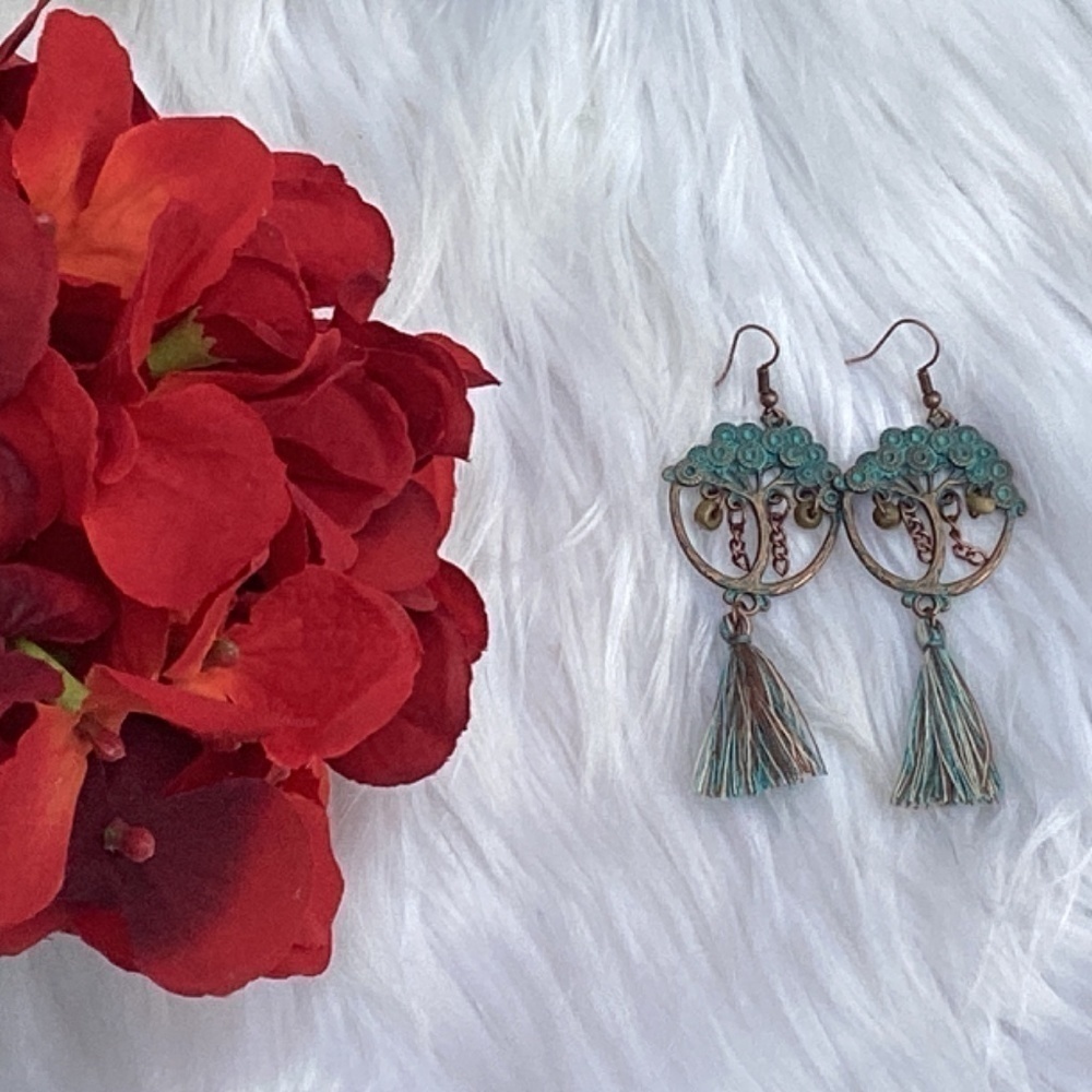 BOGO New Turquoise Blue & Copper Southwestern Boho Tree Of Life Tassel Earrings - Picture 6 of 7